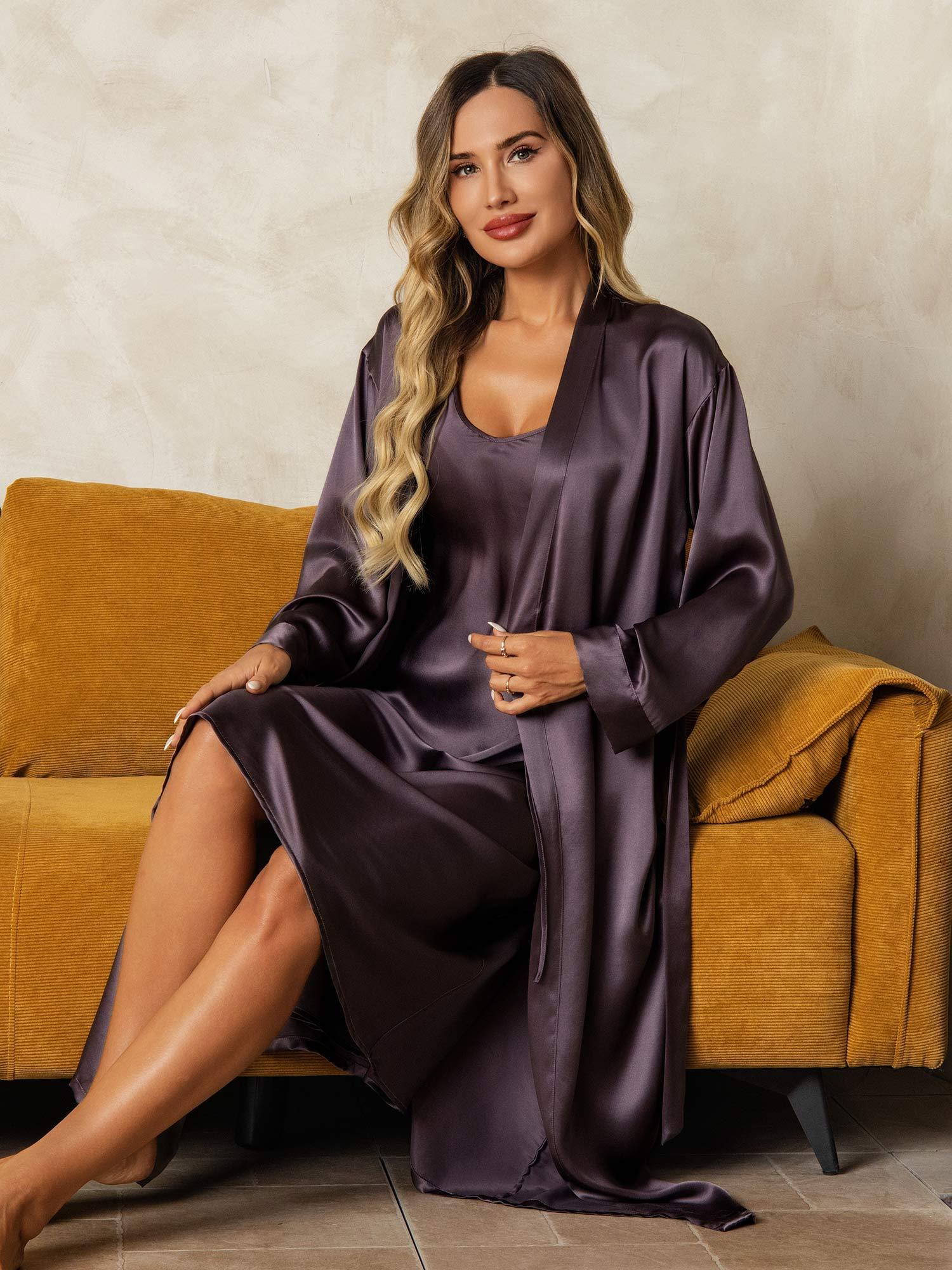 [Purple Gray] SilkSilky-UK Long Sleeve V Neck Nightdress&Dressing gowns 008