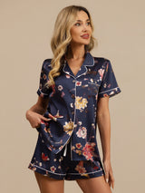 [Navy Floral] SilkSilky-UK Short Sleeve Notch Collar Women's Pyjamas 006