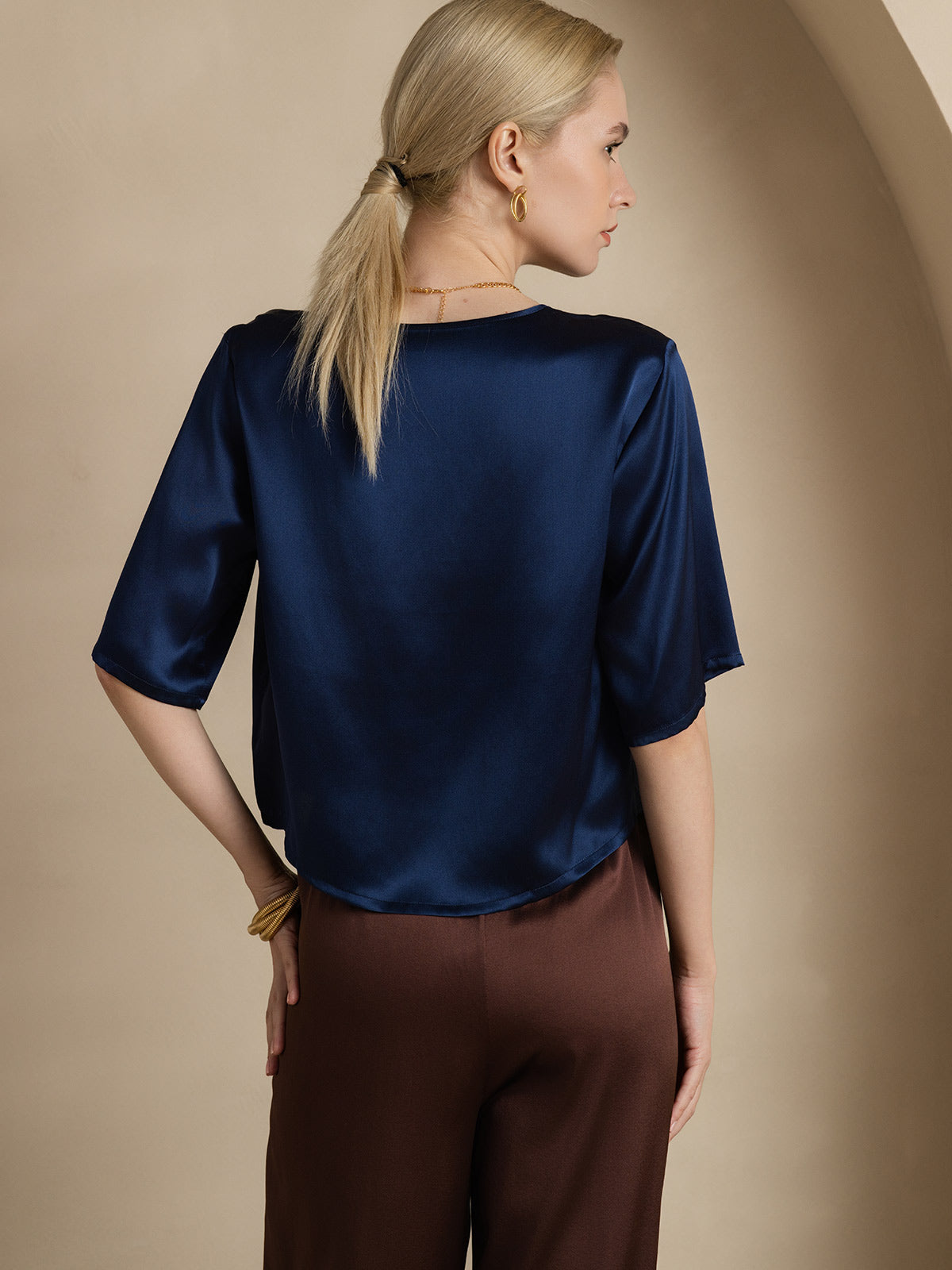 SilkSilky-UK Pure Silk Half Sleeve Boat Neck Women's T-Shirt DarkBlue 002