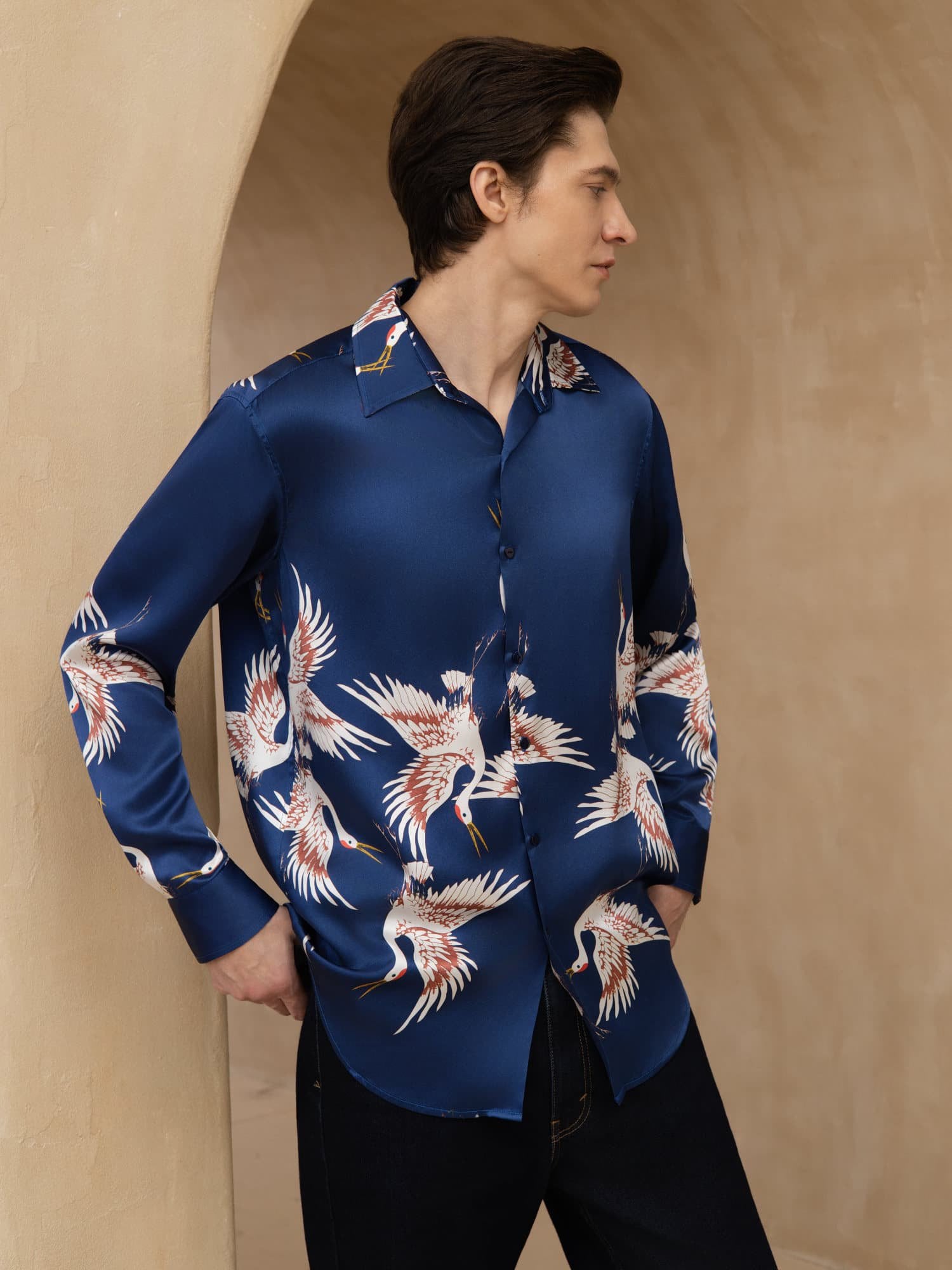 [Dark Blue] SilkSilky-UK 19Momme Long Sleeve Lapel Collar Men's Shirt 001