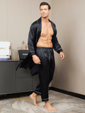 SilkSilky UK Pure Silk Long Sleeve Lapel Men's Dressing Gown Black 004