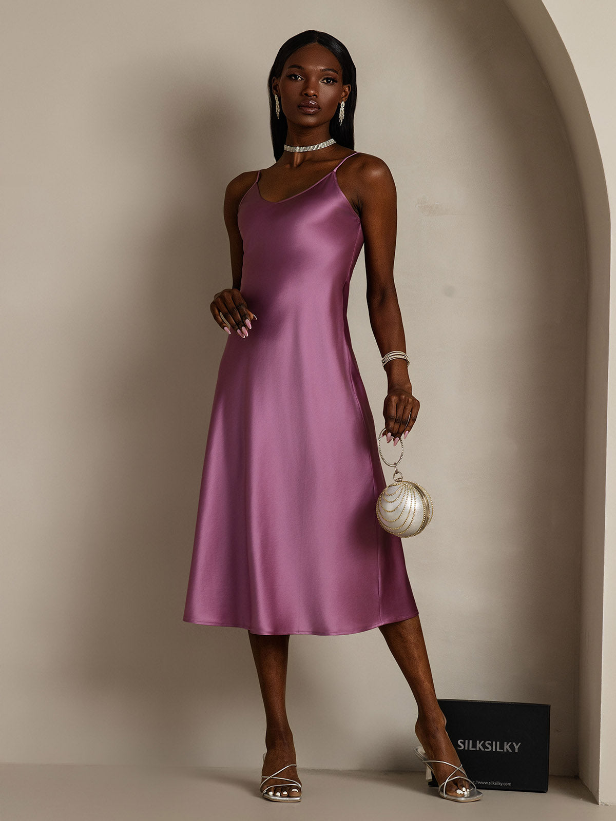[Deep Purple] SilkSilky-UK Spaghetti Strap V Neck Dress 007