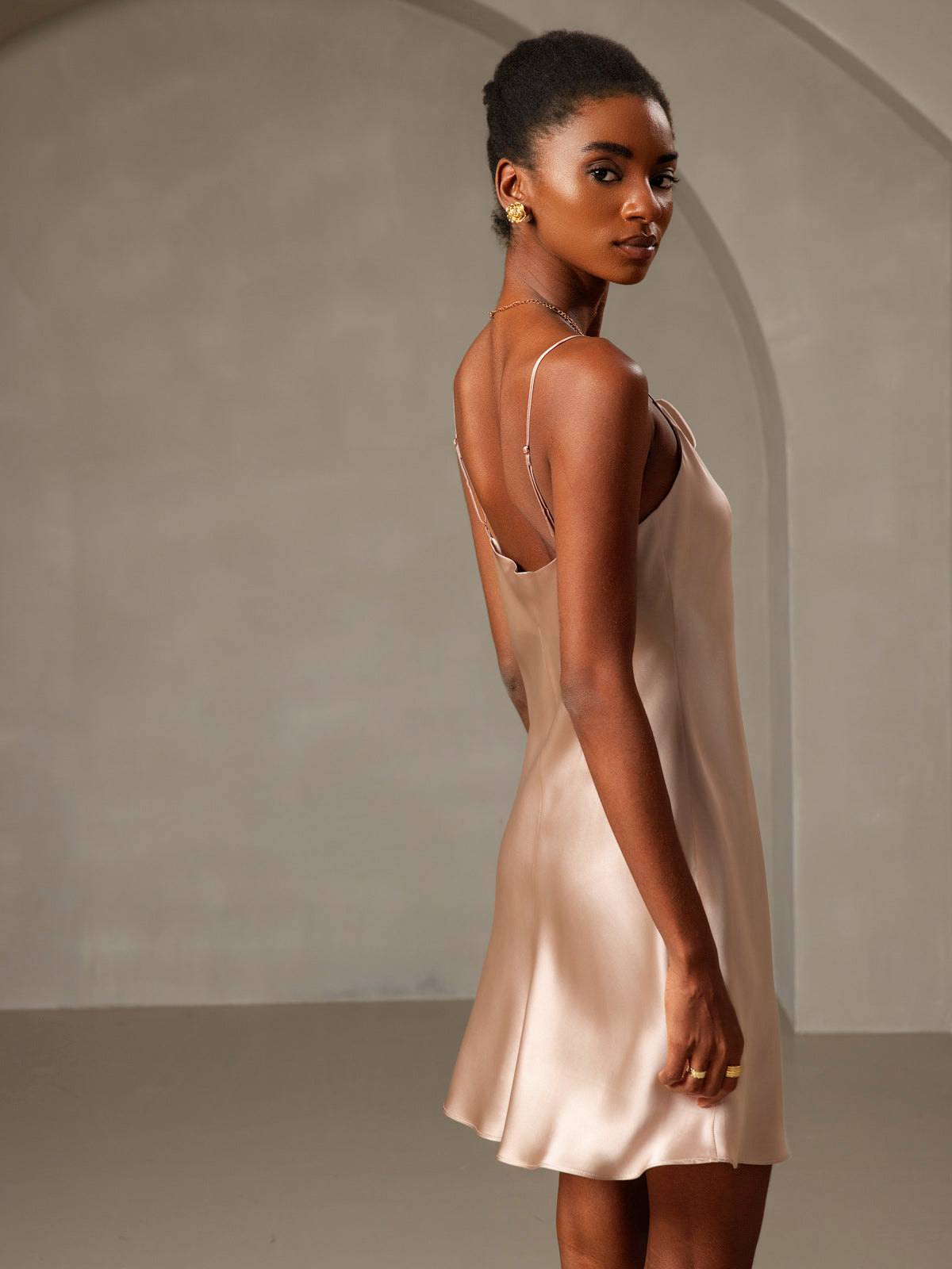 [Pale Mauve] SilkSilky-UK Spaghetti Strap Cowl Neck Dress 002