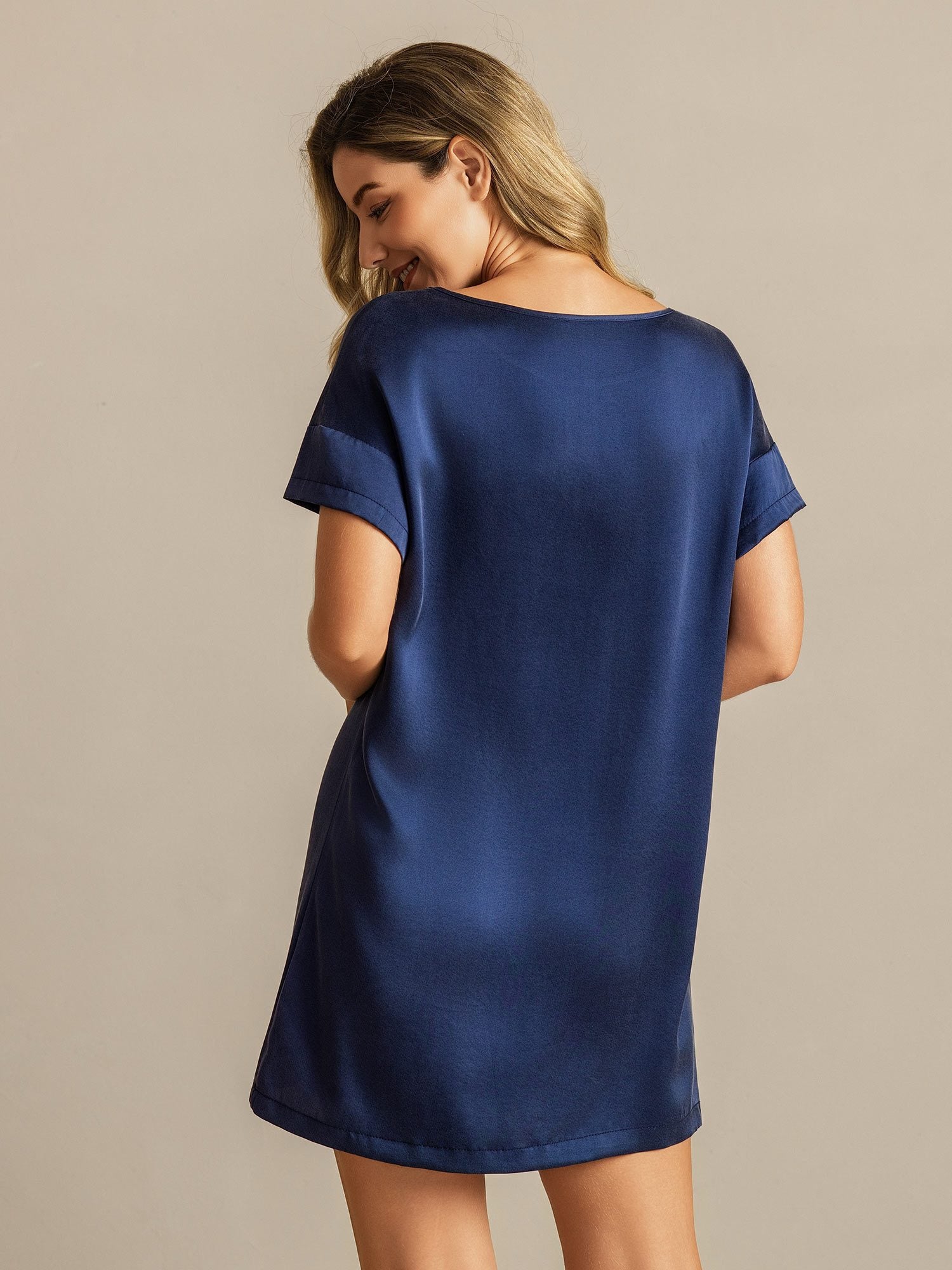 [Dark Blue] SilkSilky-UK 19Momme Machine-Washable Silk Short Sleeve Round Neck Nightdress 002