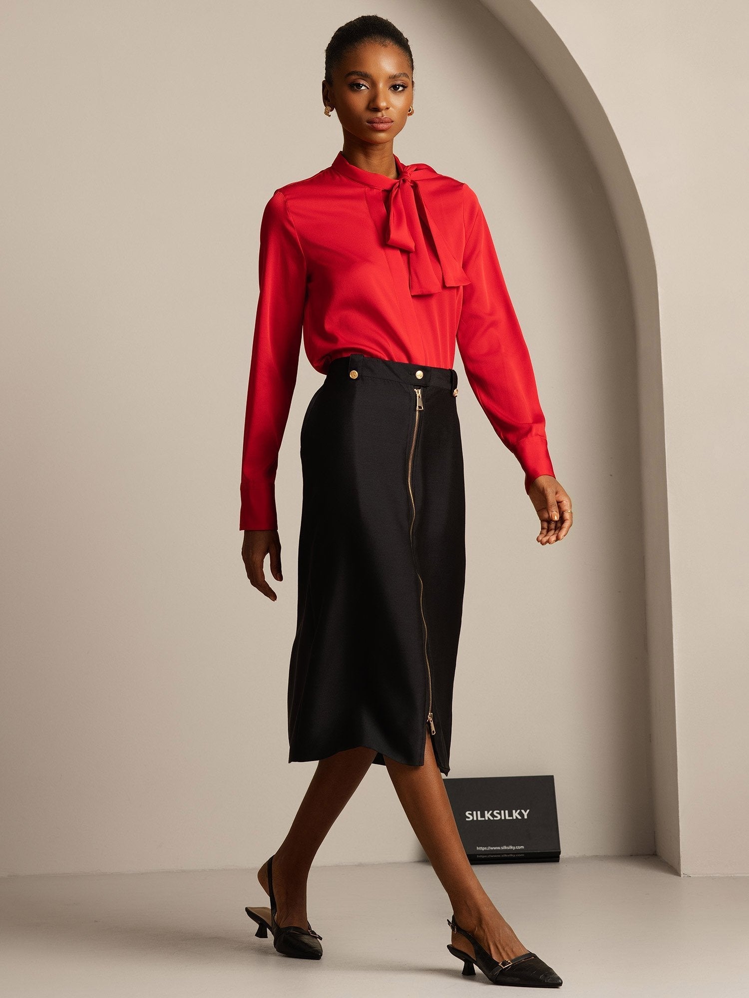 [Black] SilkSilky-UK 32Momme Silk-Wool Blend Split Skirt 003,