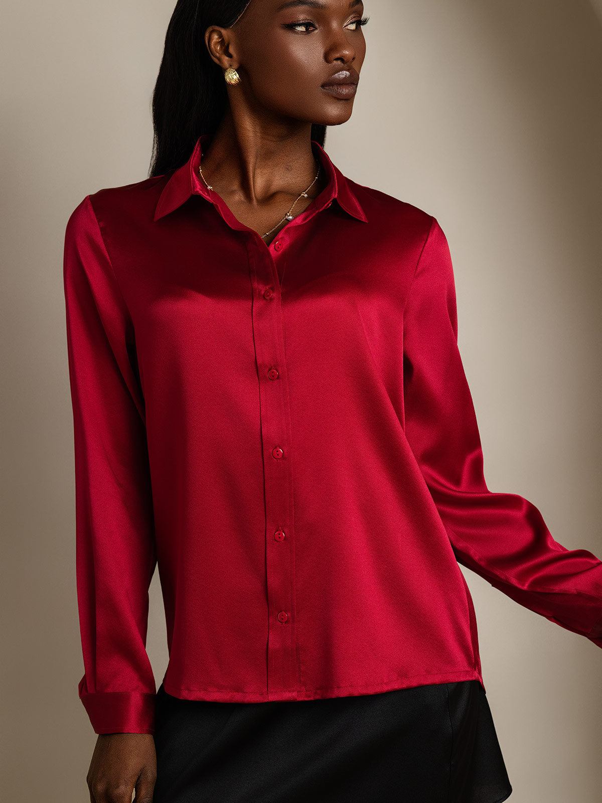 SilkSilky-UK 19Momme Silk Long Sleeve Collar Women's Shirt Wine 004