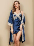 SilkSilky UK Pure Silk 3/4 Sleeve Nightgown&Robe Set Blue 005