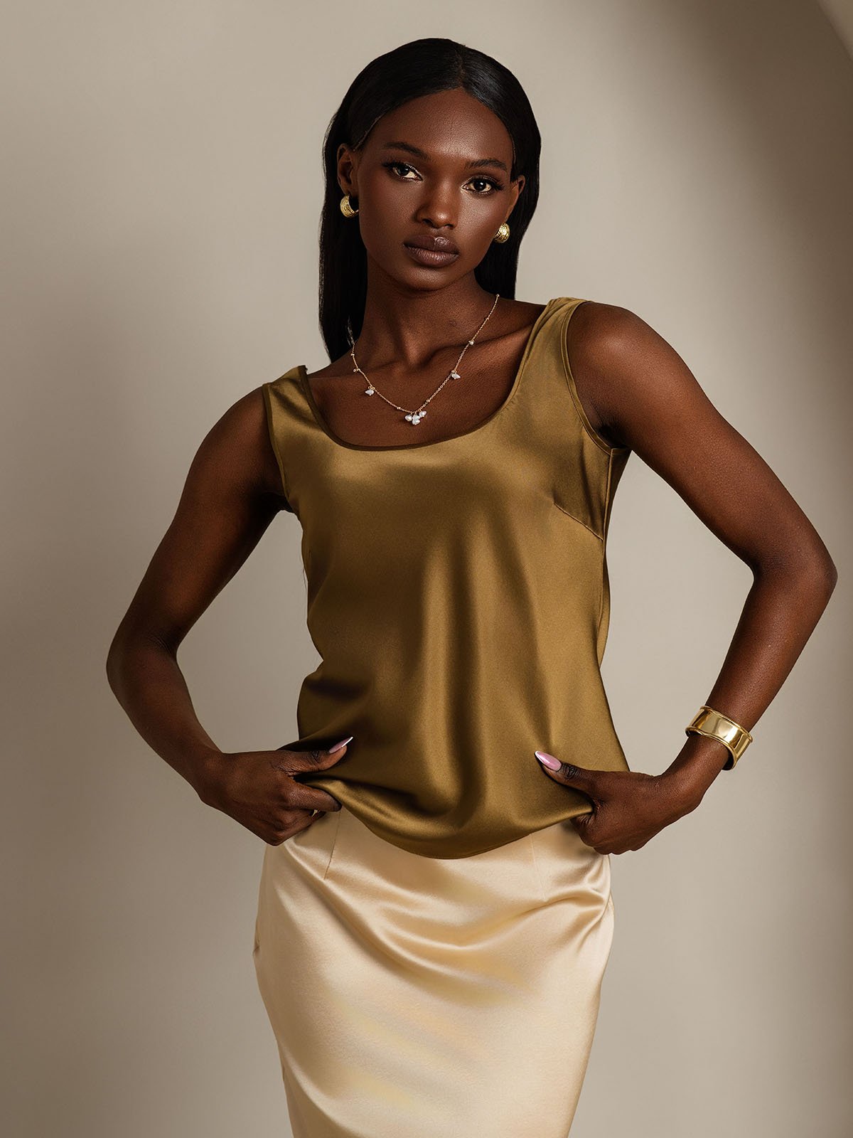 [Brown] SilkSilky-UK 19Momme Silk Sleeveless U Neck Camisole 005