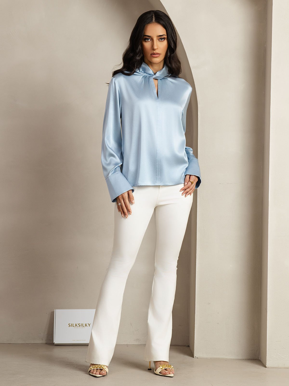 [GrayishBlue] SilkSilky-UK 19Momme Silk Keyhole Neck Women's Shirt 011