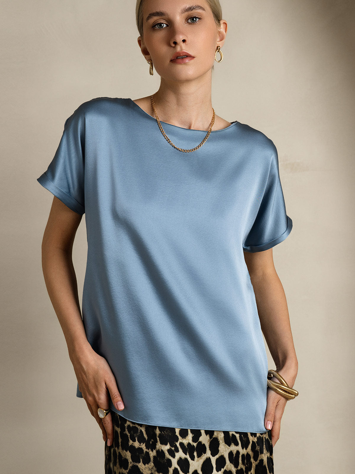 SilkSilky-UK 19Momme Silk Short Sleeve Round Neck Women's T-Shirt GrayishBlue 005