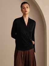 [Black] SilkSilky-UK Long Sleeve Wrap Women's Blouse 003