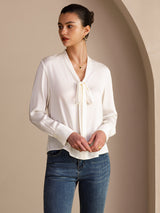 [White] SilkSilky-UK Long Sleeve Tie Neck Women's Blouse 005