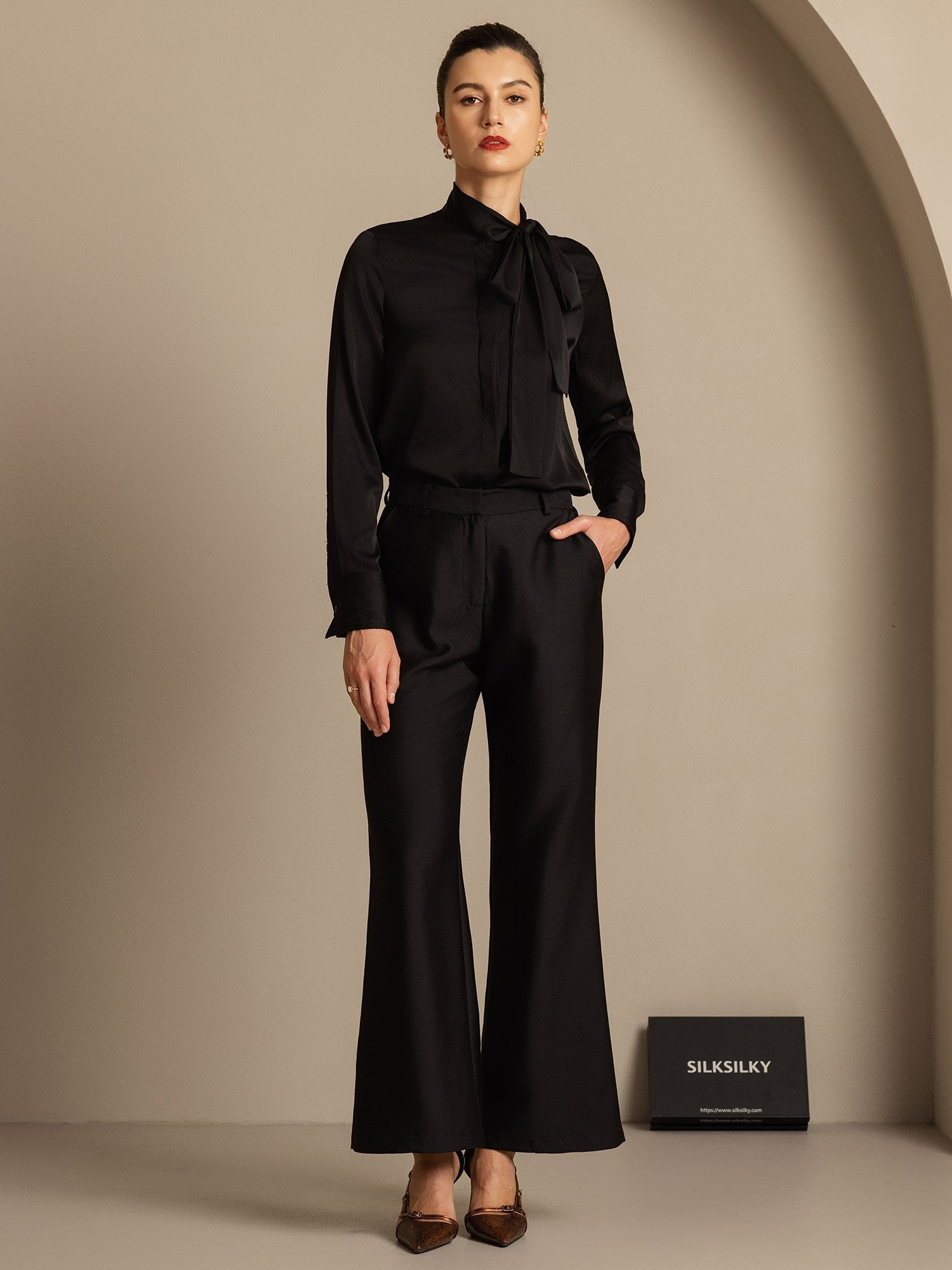 [Black] SilkSilky-UK 32Momme Silk-Wool Blend Womens Pants 007,