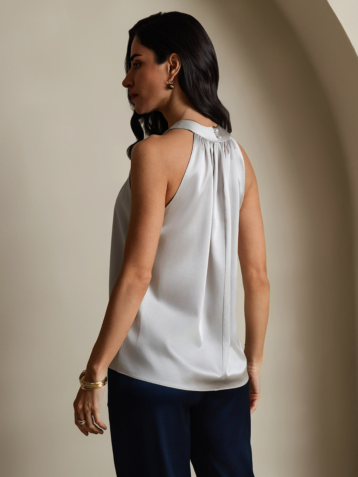 [Light Gray] SilkSilky-UK 19Momme Silk Sleeveless Halter Neck Women's T-Shirt 002