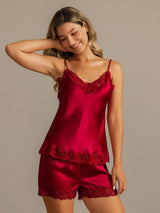 [Wine] SilkSilky-UK Spaghetti Strap V Neck Camisole Set 001