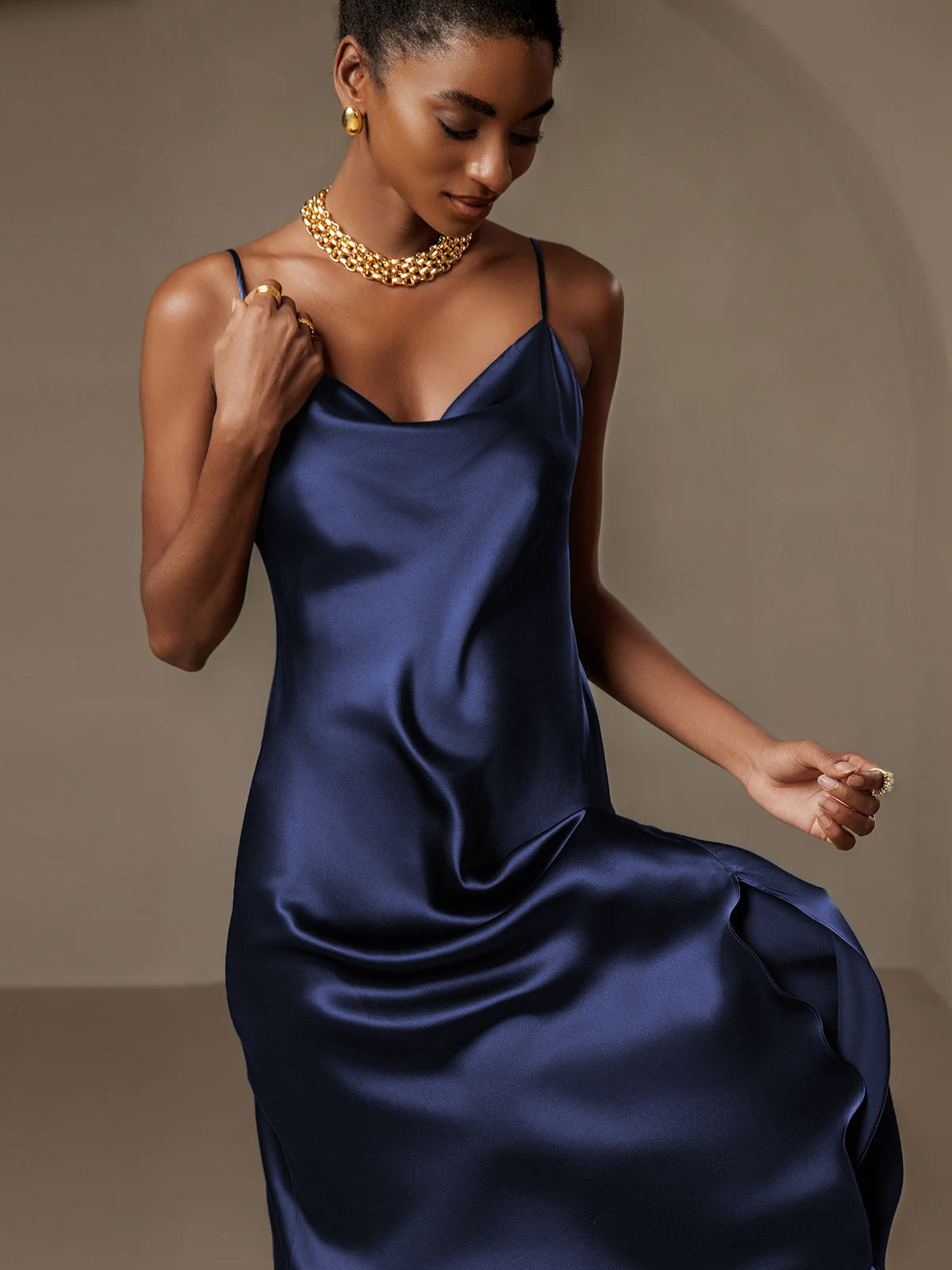 [Dark Blue] SilkSilky-UK 19Momme Pure Silk Cowl Neck Dress 006