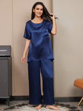 SilkSilky UK Pure Silk Short Sleeve Womens Pajamas DarkBlue 001