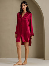 [Wine] SilkSilky-UK Long Sleeve Lapel Collar Nightshirt 008
