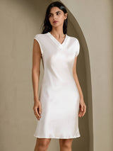 [White] SilkSilky-UK Cap Sleeve V Neck Dress 006