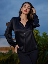 [Black] SilkSilky-UK Long Sleeve Lapel Collar Women's Shirt 005