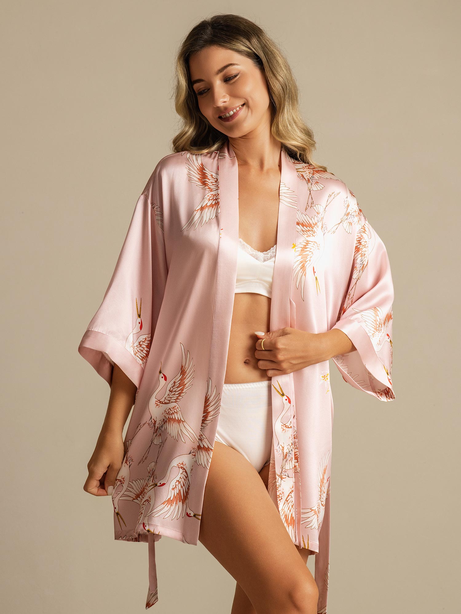[Pink] SilkSilky-UK 19Momme 3/4 Sleeve Women's Dressing Gown 003