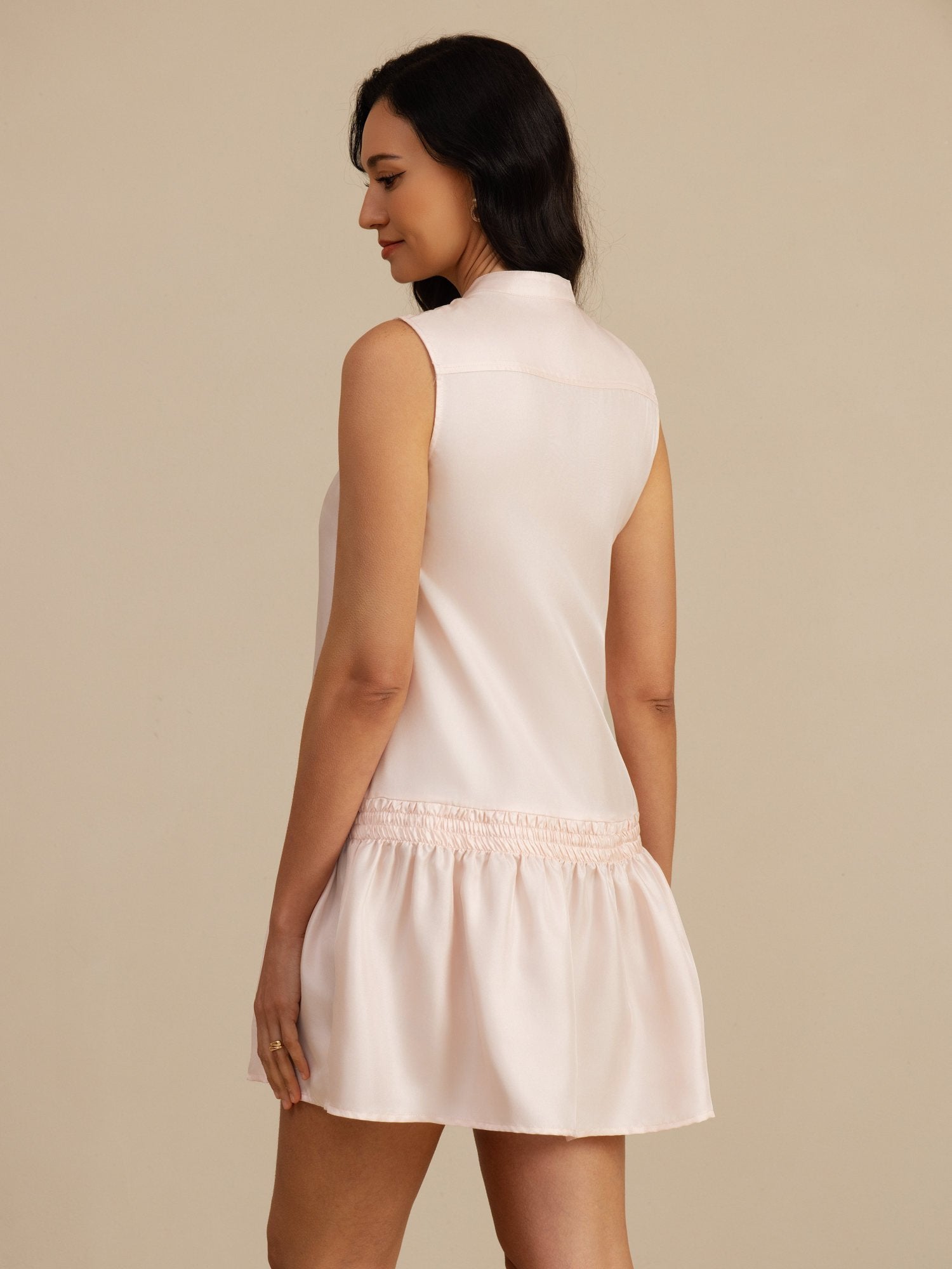 [Pink] SilkSilky-UK 18Momme Silk Satin Surah Sleeveless Stand Collar Dress 002