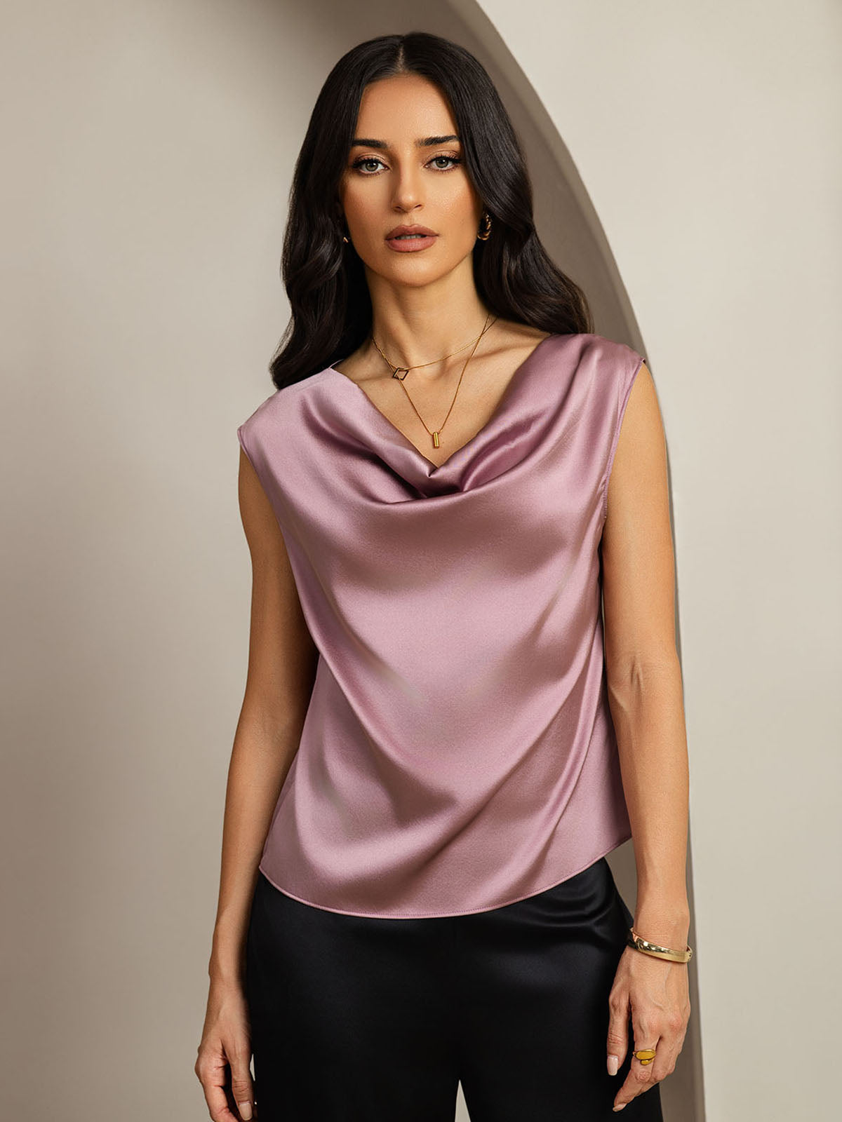 [Pale Mauve] SilkSilky-UK 19Momme Silk Cap Sleeve Cowl Neck Women's T-Shirt 001