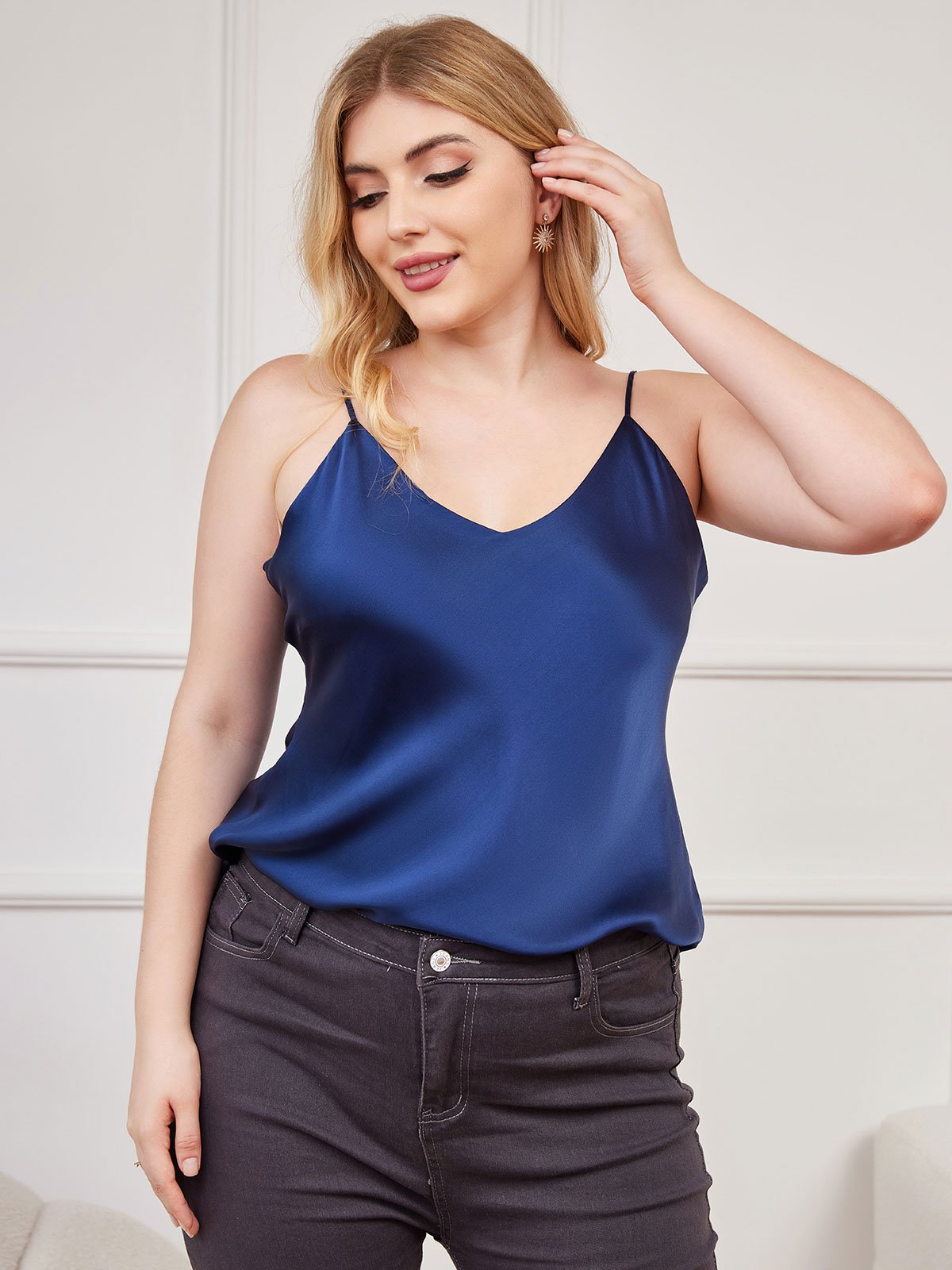 SilkSilky UK Pure Silk V Neck Plus Size Camisole Top DarkBlue 001