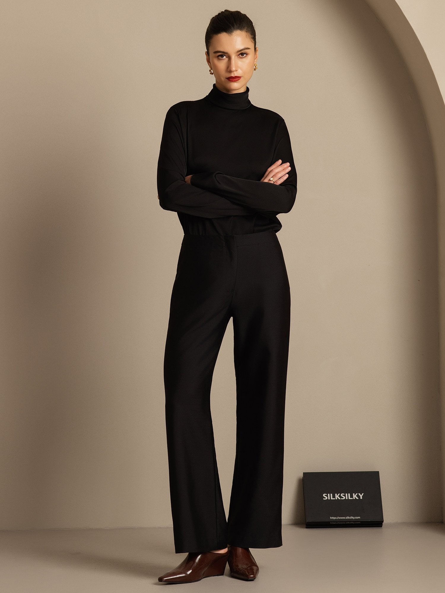 [Black] SilkSilky-UK 32Momme Silk-Wool Blend Womens Pants 003,