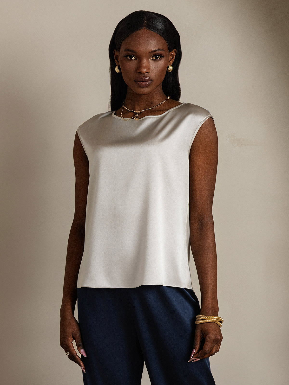 [Light Gray] SilkSilky-UK 19Momme Silk Round Neck Women's T-Shirt 001