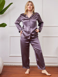 SilkSilky UK Pure Silk Long Sleeve Lapel Plus Size Pyjamas PurpleGray 005