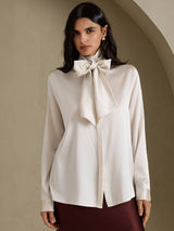 [Light Gray] SilkSilky-UK Long Sleeve Tie Neck Women's Blouse 001