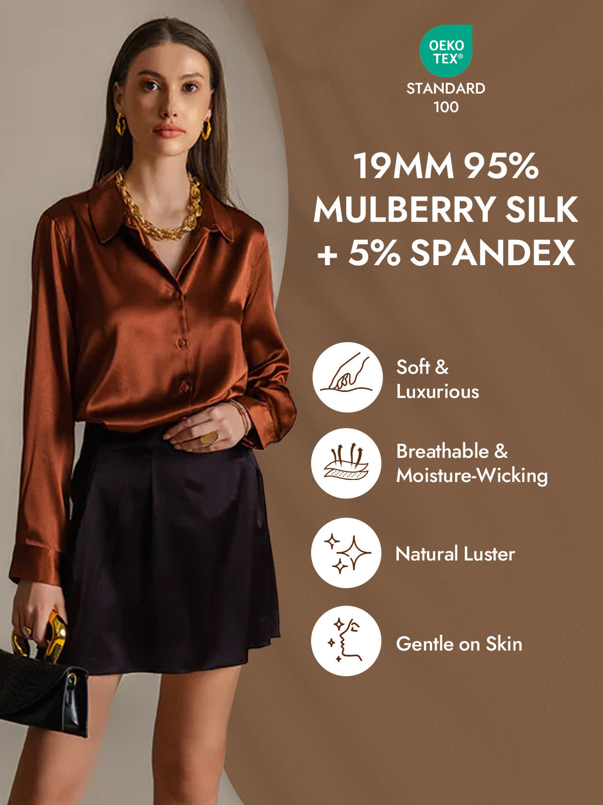 [Caramel] SilkSilky-UK Silk Long Sleeve Collar Women's Shirt 004