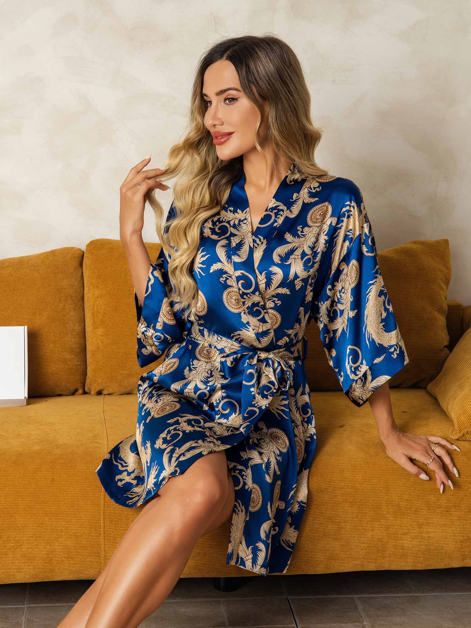 [Blue] SilkSilky-UK Pure Silk V Neck Women's Dressing Gown 004