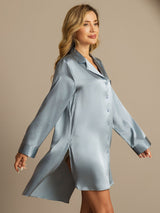 [Grayish Blue] SilkSilky-UK Long Sleeve Lapel Collar Nightshirt 006