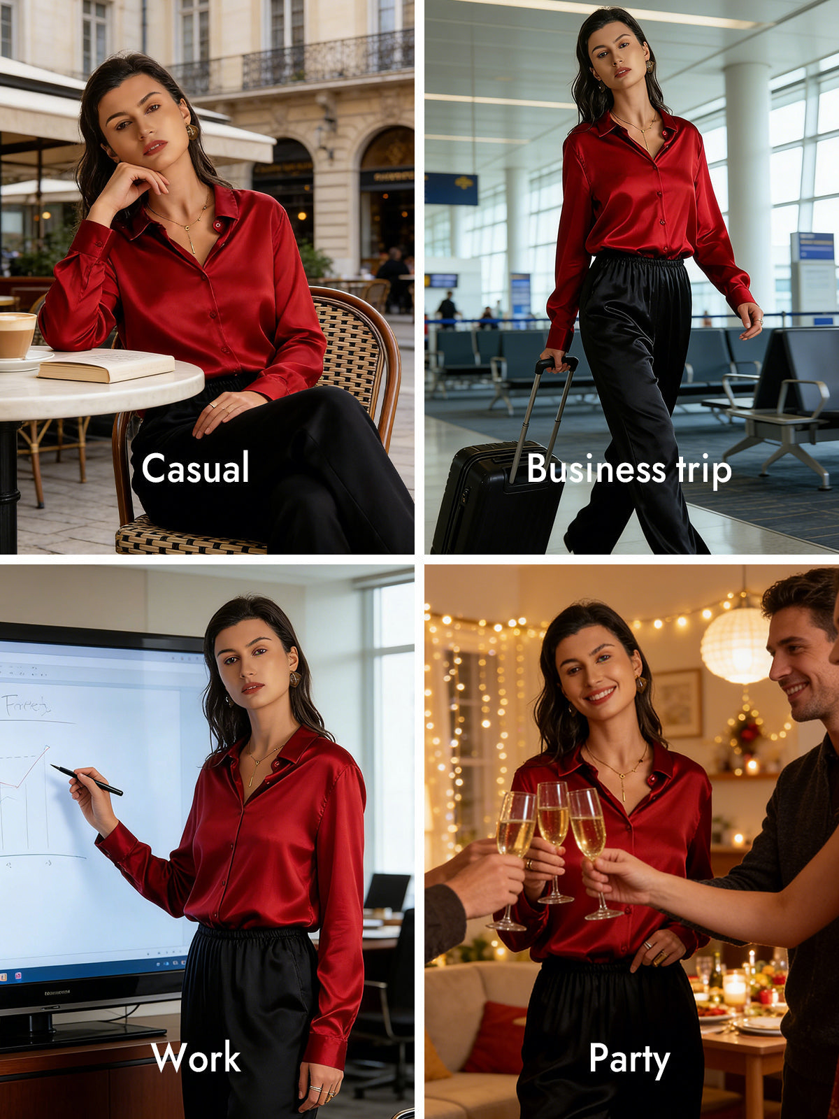 [Red] SilkSilky-UK Silk Long Sleeve Collar Women's Shirt 008