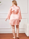 SilkSilky-UK Pure Silk Long Sleeve V Neck Plus Size Dressing Gown Pink 002