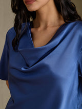 [Real Teal] SilkSilky-UK Short Sleeve Cowl Neck Women's Blouse 004