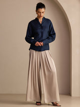 [Dark Blue] SilkSilky-UK Long Sleeve Split Women's Blouse 006
