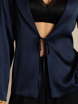 [Dark Blue] SilkSilky-UK 19Momme Stretch Silk Charmeuse Long Sleeve Women's Outerwear 003