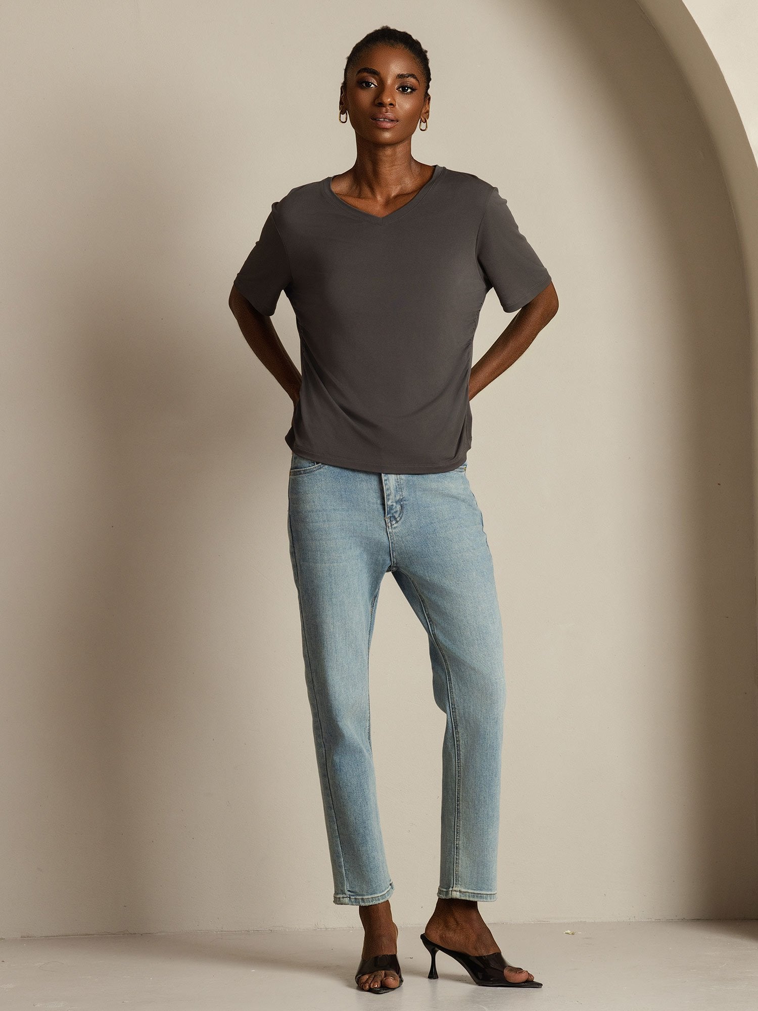 [Gray] SilkSilky-UK Pure Silk V Neck Women's T-Shirt 009