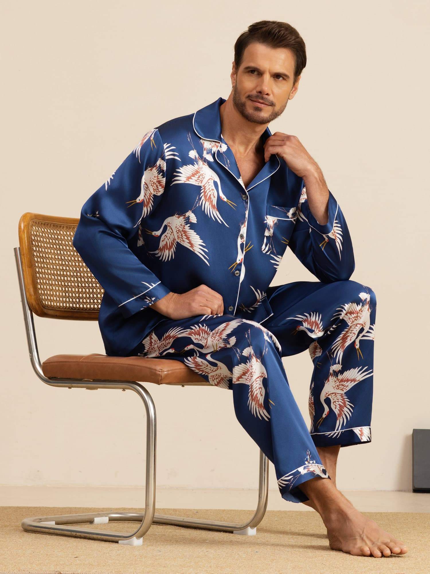 [Dark Blue] SilkSilky-UK 19Momme Long Sleeve Notch Collar Men's Pyjamas 001