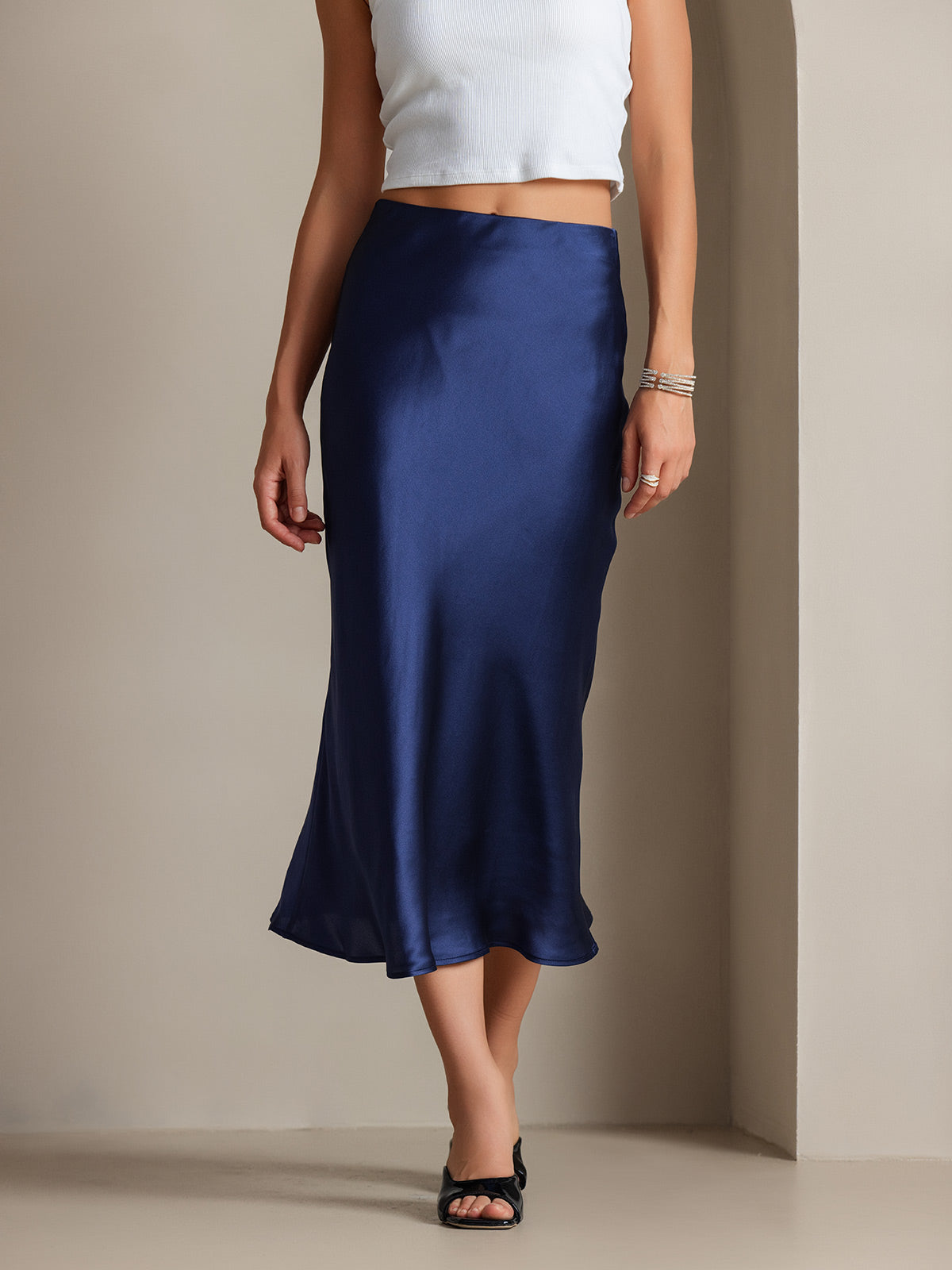 [Dark Blue] SilkSilky-UK 19Momme Pure Silk Skirt 003,
