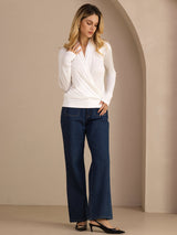 [White] SilkSilky-UK Long Sleeve Wrap Women's Blouse 007