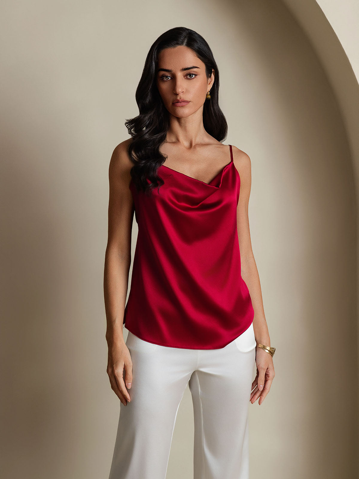 [Wine] SilkSilky-UK 19Momme Stretch Silk Charmeuse Spaghetti Strap Cowl Neck Camisole 006