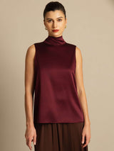 [Dark Red] SilkSilky-UK 19Momme Stretch Silk Charmeuse Sleeveless Tie Neck Blouse 006
