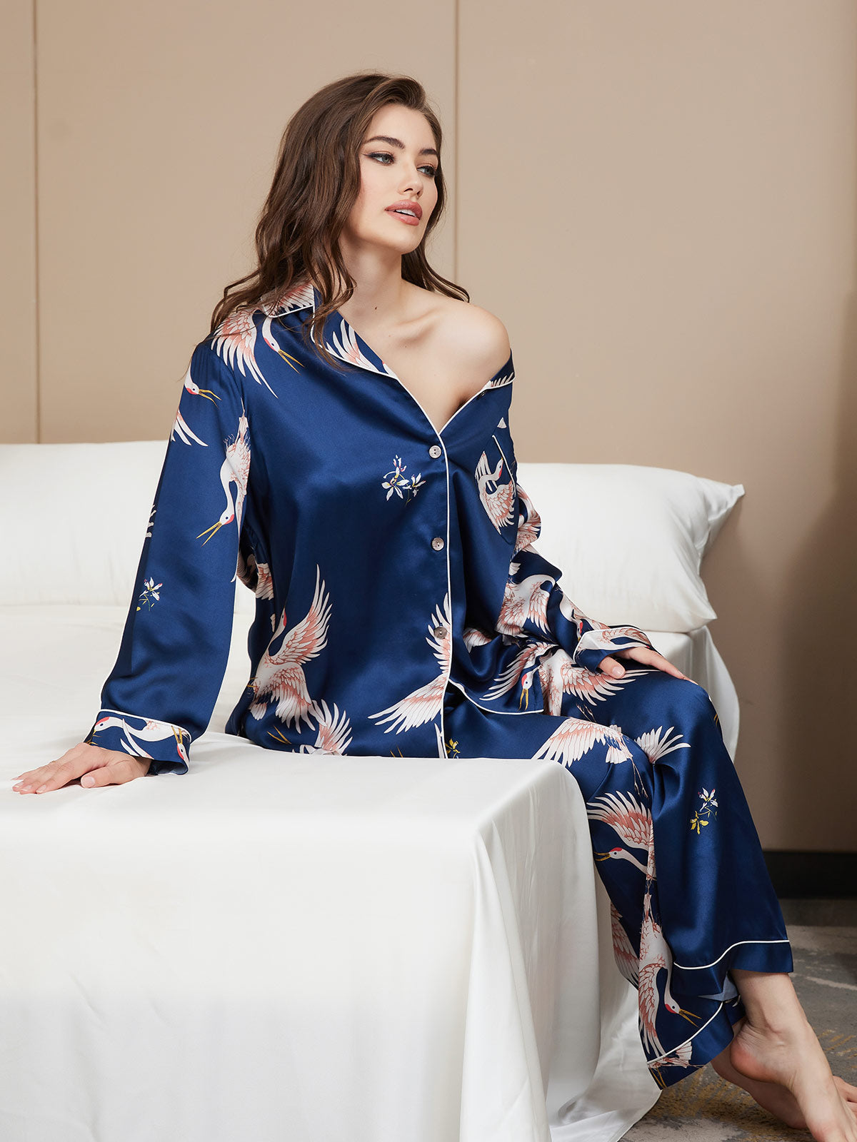 [Dark Blue] SilkSilky-UK Long Sleeve Lapel Collar Women's Pyjamas 001
