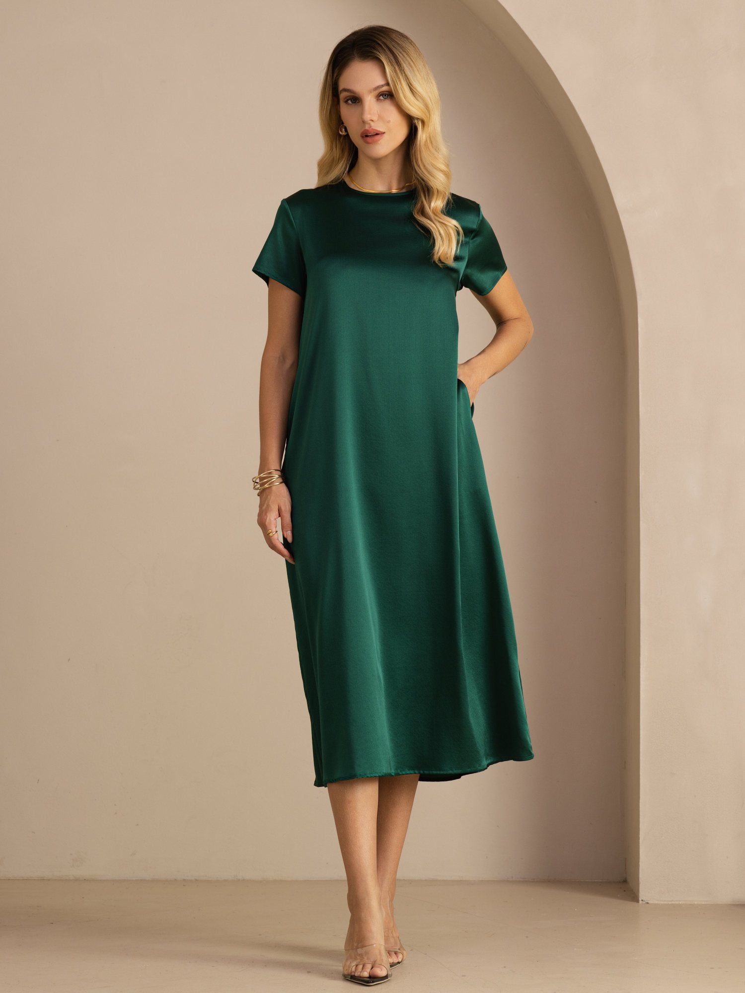 [Dark Green] SilkSilky-UK Short Sleeve Round Neck Dress 001