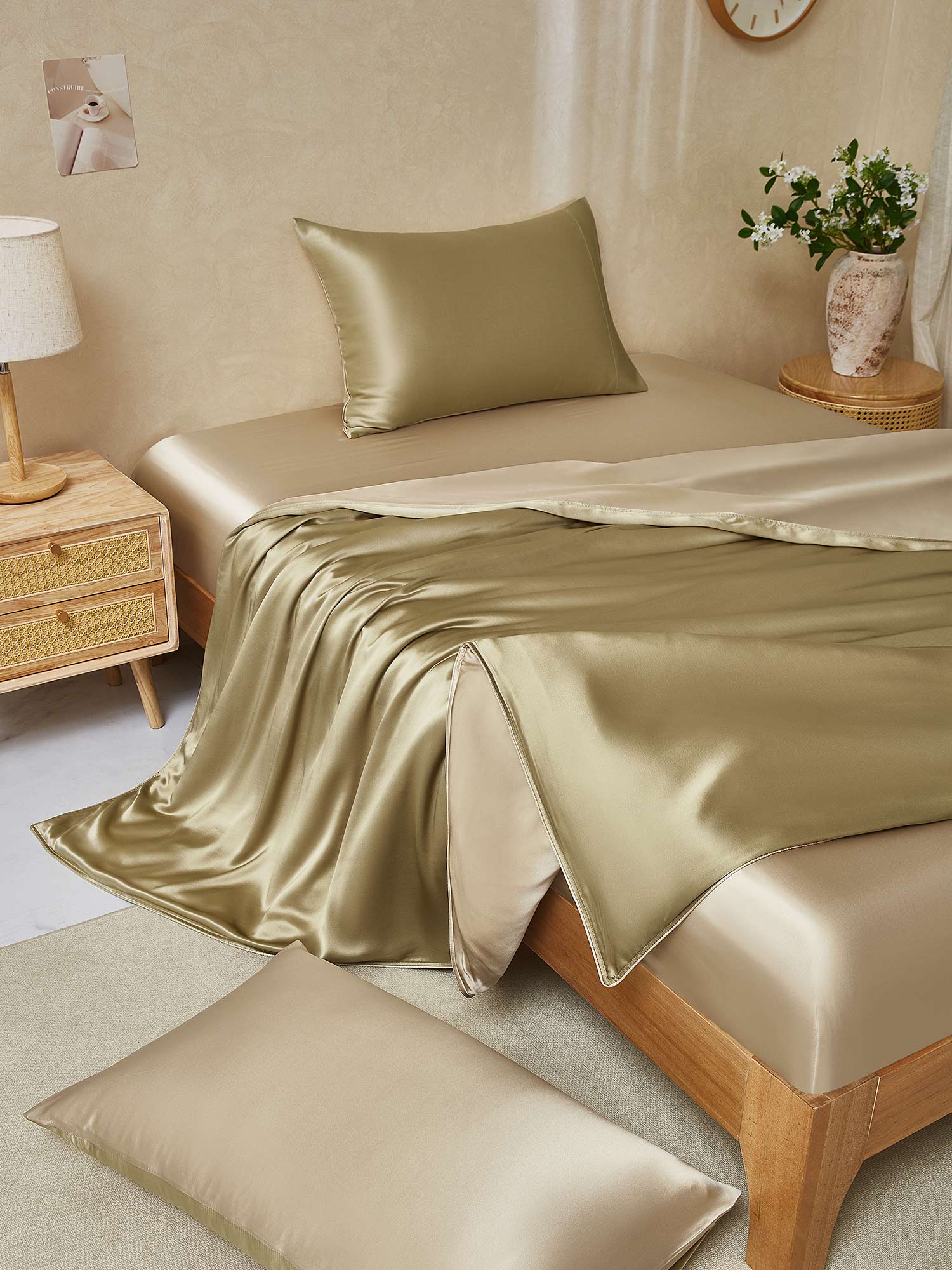 [Beige+Khaki] SilkSilky-UK 22Momme Pure Silk Bedding Set 001,