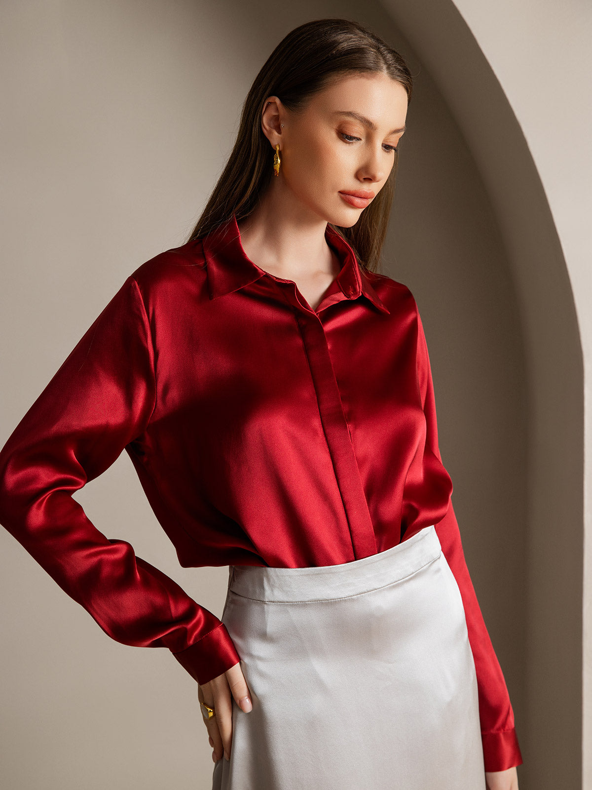 SilkSilky UK 19Momme Silk Long Sleeve Collar Women's Shirt Wine 001